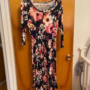 Navy floral midi dress with POCKETS